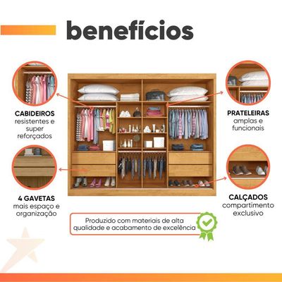 Guarda Roupas Casal 2 Portas De Correr Com Espelho Ripado 100% Mdf 4 Gavetas Malta Madeirado