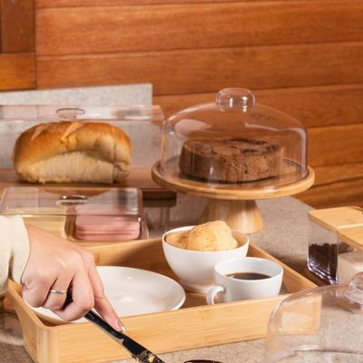 Kit Porta Pão E Boleira Pedestal Bambu Com Tampa Coza Brisa Café da Manhã Mesa Posta