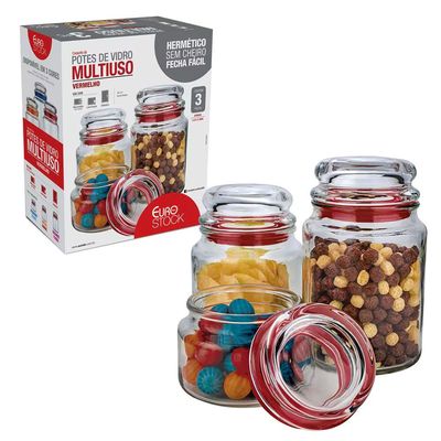Conjunto de Potes Multiuso em Vidro e PVC 3 Peças Euro Home Vermelho com Transparente