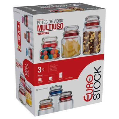 Conjunto de Potes Multiuso em Vidro e PVC 3 Peças Euro Home Vermelho com Transparente
