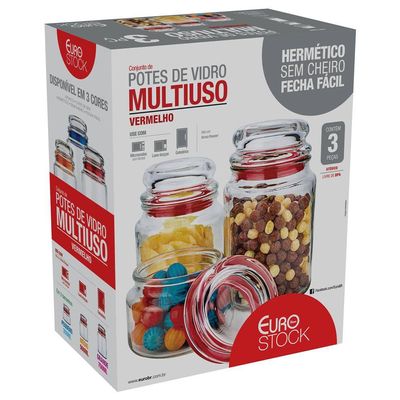 Conjunto de Potes Multiuso em Vidro e PVC 3 Peças Euro Home Vermelho com Transparente
