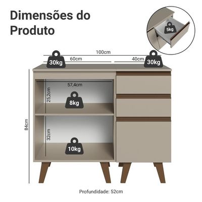 Gabinete Para Banheiro 100cm 1 Porta 3 Gavetas Nice Madesa 04 Crema