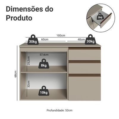 Gabinete Suspenso Para Banheiro 100cm 1 Porta 3 Gaveta Nice Madesa 03 Crema