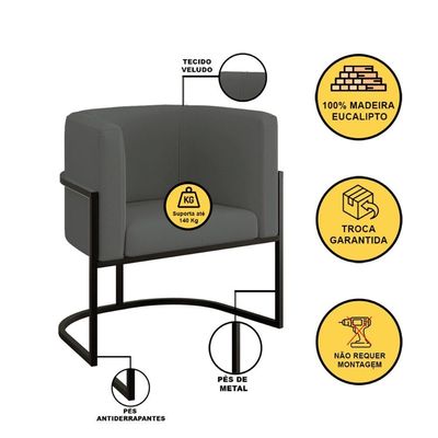 Kit Sofá 2 Lugares + 2 Poltronas Recepção Veludo Preto Cinza