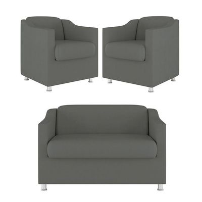 Kit Sofá Namoradeira + 02 Poltrona Tilla Recepção Sala Suede cinza