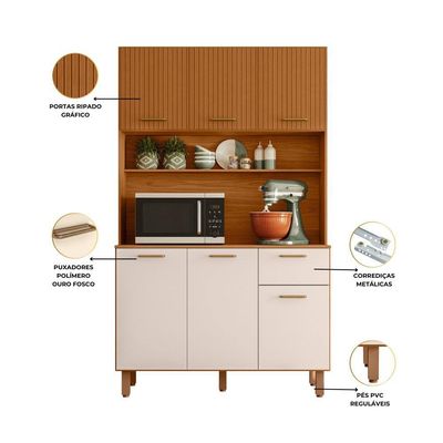Cozinha Compacta New Livia 6 Portas 1 Gaveta 110cm Poliman Freijó Ripado e Off White