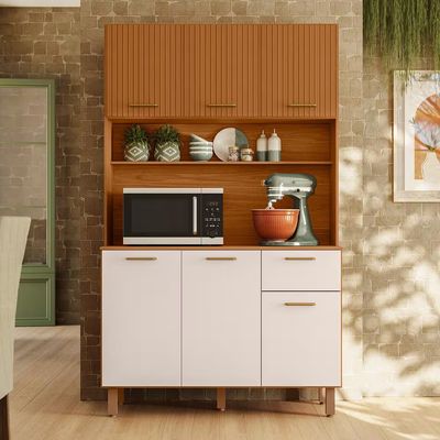 Cozinha Compacta New Livia 6 Portas 1 Gaveta 110cm Poliman Freijó Ripado e Off White