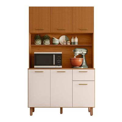 Cozinha Compacta New Livia 6 Portas 1 Gaveta 110cm Poliman Freijó Ripado e Off White
