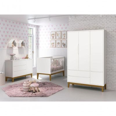 Jogo De Quarto Para Bebê Completo 3 Portas Classic New Branco Fosco Com Madeira - Reller