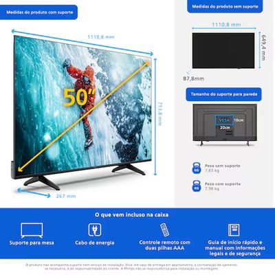 Smart TV Philips 50 Polegadas 4K 50PUG7300/78 UHD Titan OS Pixel Precise Comando de Voz Preto / Bivolt