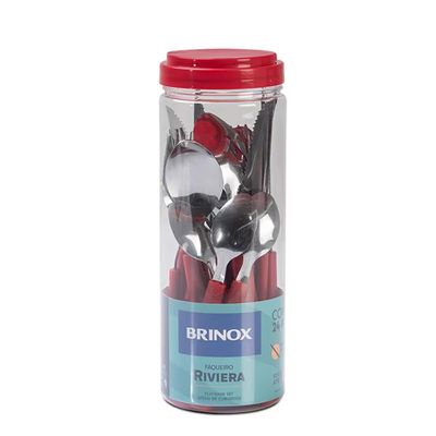 Faqueiro Riviera 24 Peças Aço Inox Cabo Ergonômico Pote Multifuncional Brinox Vermelho