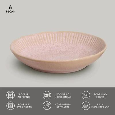 Conjunto de Pratos Fundos Linhas Litchi Rosa Claro 830 ml 6 Peças Porto Brasil Rosa