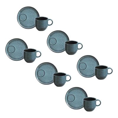Jogo de 6 Xícaras e Pires de Chá 230ml Stoneware Linhas Night Sky Porto Brasil Azul