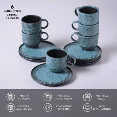 Jogo de 6 Xícaras e Pires de Chá 230ml Stoneware Linhas Night Sky Porto Brasil Azul