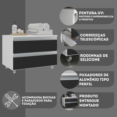 Gabinete Banheiro Rodinhas Joia 60cm 02 Gavetas Branco Preto