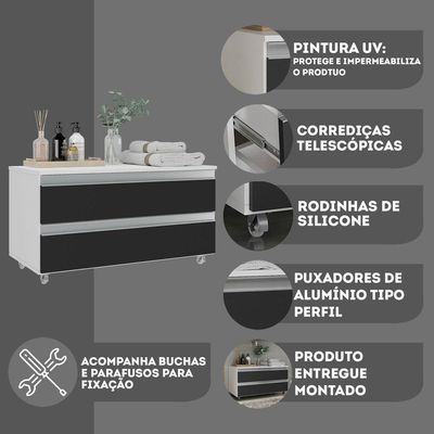 Gabinete Banheiro Rodinhas Joia 80cm 02 Gavetas Branco Preto