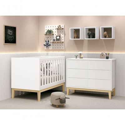Jogo De Quarto Para Bebê Classic New Branco Fosco Com Natural - Reller