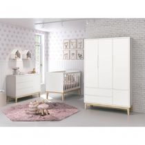 Jogo De Quarto Para Bebê Completo 3 Portas Classic New Branco Fosco Com Natural - Reller