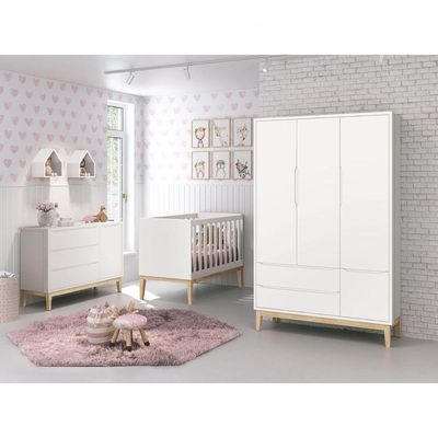 Jogo De Quarto Para Bebê Completo 3 Portas Classic New Branco Fosco Com Natural - Reller