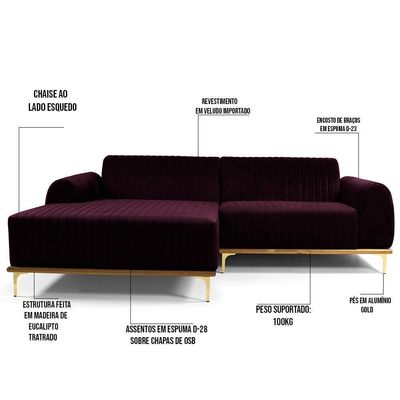 Sofá 5 Lugares Com Chaise Molino 300cm Roxo Grape C-292