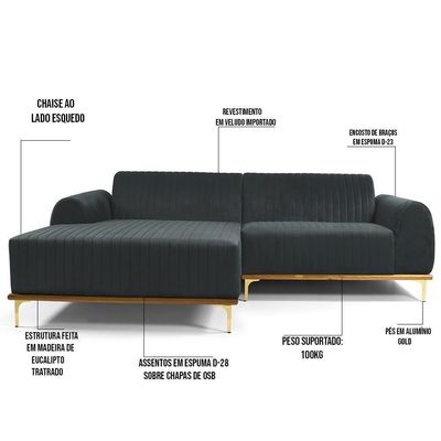 Sofá 5 Lugares Com Chaise Molino 300cm Veludo Cinza C-317