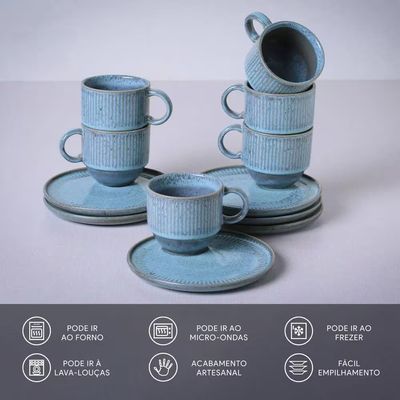 Conjunto com 6 Xícaras e Pires para Chá Linhas Breeze 230ml Porto Brasil Azul