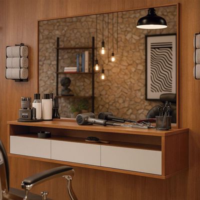 Bancada Suspensa Para Salão De Beleza Cabeleireiro Balcão De Barbearia Life Off White Com Freijo - Moveisaqui