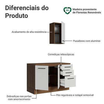 Conjunto Gabinete Para Banheiro 120cm 3 Portas 3 Gavetas Agata Madesa 01 Rustic-branco