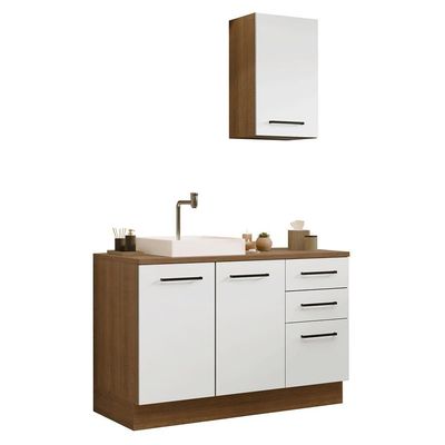 Conjunto Gabinete Para Banheiro 120cm 3 Portas 3 Gavetas Agata Madesa 01 Rustic-branco