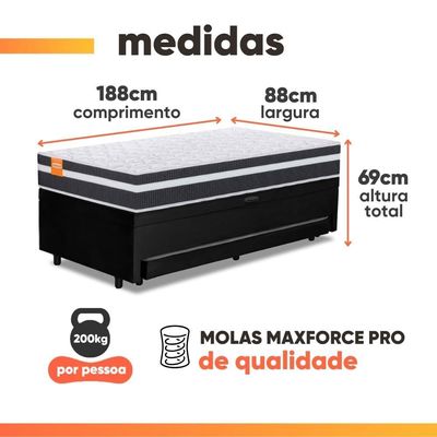 Cama Bibox Baú Com Colchão Qatar Solteiro E Cama Auxiliar Conjugada 88x188x69cm Bela Preto/branco
