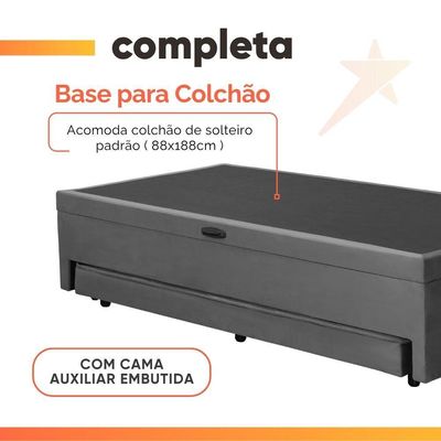 Base Cama Bibox Com Baú Solteiro E Cama Auxiliar 3 Em 1 - 88x188x46 Bela Cinza