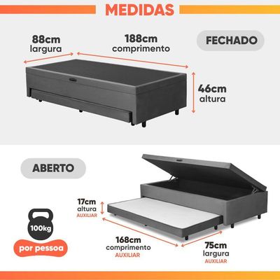 Base Cama Bibox Com Baú Solteiro E Cama Auxiliar 3 Em 1 - 88x188x46 Bela Cinza