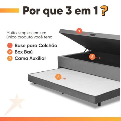 Base Cama Bibox Com Baú Solteiro E Cama Auxiliar 3 Em 1 - 88x188x46 Bela Cinza