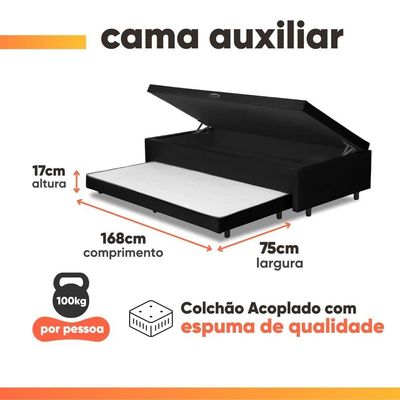 Cama Bibox Baú Com Colchão Qatar Solteiro E Cama Auxiliar Conjugada 88x188x69cm Bela Preto/branco
