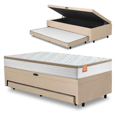 Cama Bibox Baú Com Colchão Real Solteiro E Cama Auxiliar Conjugada 88x188x73cm Bela Bege