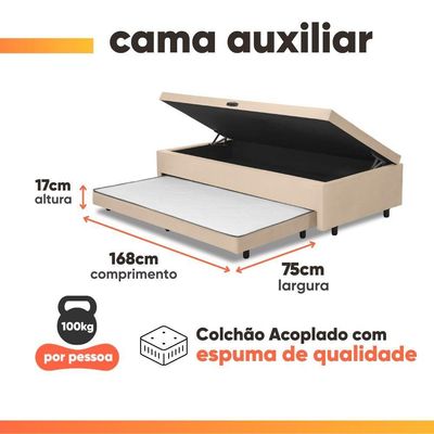 Cama Bibox Baú Com Colchão Real Solteiro E Cama Auxiliar Conjugada 88x188x73cm Bela Bege