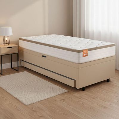 Cama Bibox Baú Com Colchão Real Solteiro E Cama Auxiliar Conjugada 88x188x73cm Bela Bege