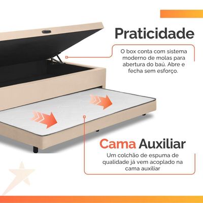 Cama Bibox Baú Com Colchão Real Solteiro E Cama Auxiliar Conjugada 88x188x73cm Bela Bege