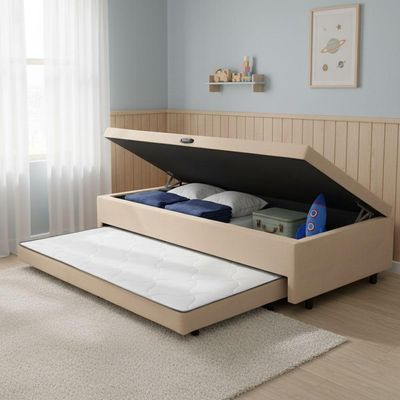 Base Cama Bibox Com Baú Solteiro E Cama Auxiliar 3 Em 1 - 88x188x46 Bela Bege