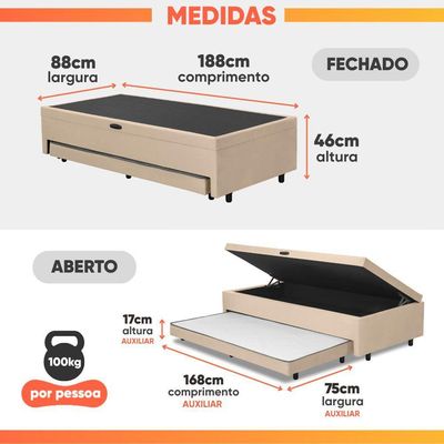Base Cama Bibox Com Baú Solteiro E Cama Auxiliar 3 Em 1 - 88x188x46 Bela Bege