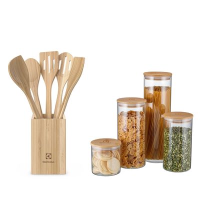 Kit Utensílios de Bambu 6 Peças + Potes Herméticos Porta-Mantimentos com Tampa de Bambu Electrolux Não se aplica