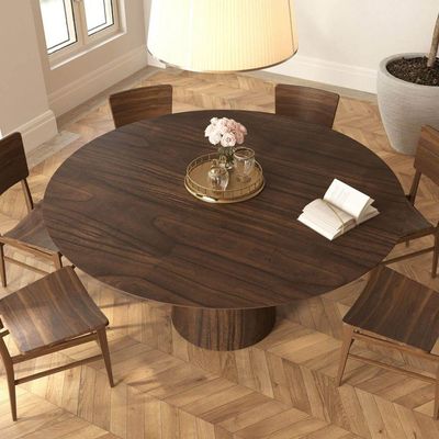 Mesa De Jantar Redonda 160cm Scandi 8 Lugares Lamina Natural De Madeira Castanho