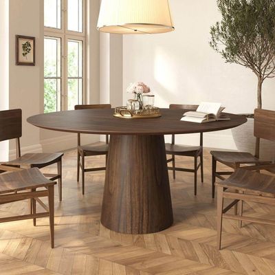 Mesa De Jantar Redonda 160cm Scandi 8 Lugares Lamina Natural De Madeira Castanho