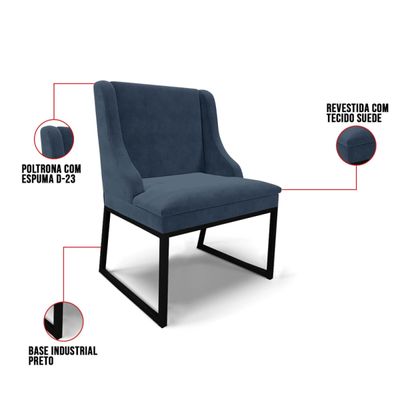 Cadeira Sala de Jantar Industrial Preto Kit 8 Liz Suede Azul M D03 - D'Rossi