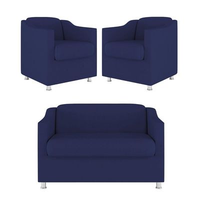 Kit Sofá Namoradeira + 02 Poltrona Tilla Recepção Sala Suede azul Marinho