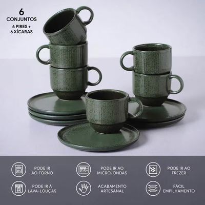 Conjunto de Xí­caras de Chá com Pires Linhas Greenery 230ml 06 Peças Porto Brasil Verde