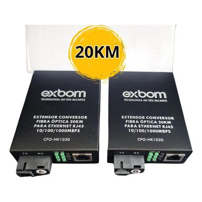 Par de Conversor Mídia Fibra Óptica A+B para RJ45 Gigabit 1000Mbps - 20 Km