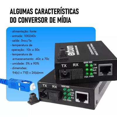 Par de Conversor Mídia Fibra Óptica A+B para RJ45 Gigabit 1000Mbps - 20 Km
