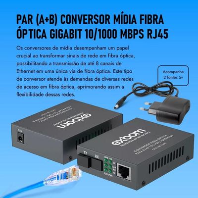 Par de Conversor Mídia Fibra Óptica A+B para RJ45 Gigabit 1000Mbps - 20 Km