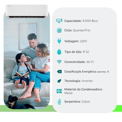 Ar Condicionado Split Hi Wall Inverter R-32 Hisense 9000 BTUs Quente/Frio 220V Monofásico